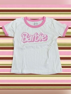 Barbie white cotton baby tee with pink trim and pink Barbie logo, size XS